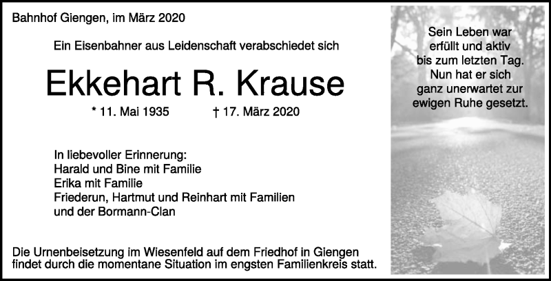  Traueranzeige für Ekkehart R. Krause vom 27.03.2020 aus Heidenheimer Zeitung