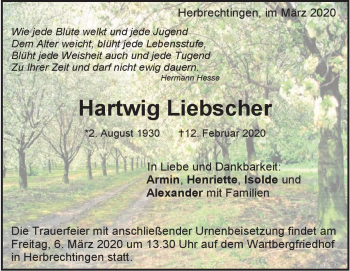 Traueranzeige von Hartwig Liebscher von Heidenheimer Zeitung