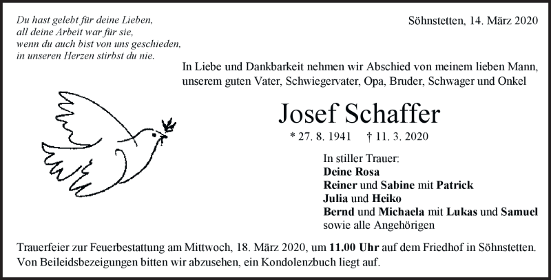  Traueranzeige für Josef Schaffer vom 14.03.2020 aus Heidenheimer Zeitung