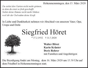 Traueranzeige von Siegfried Höret von Heidenheimer Zeitung