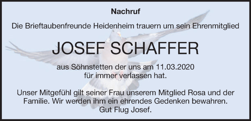  Traueranzeige für Josef Schaffer vom 18.03.2020 aus Heidenheimer Zeitung