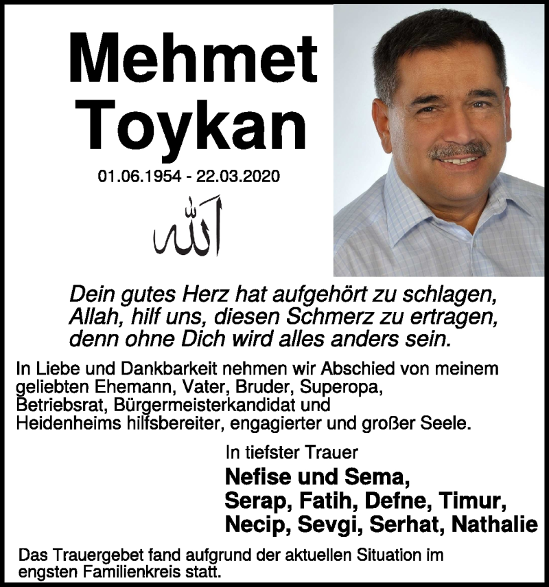 Traueranzeige für Mehmet Toykan vom 26.03.2020 aus Heidenheimer Zeitung