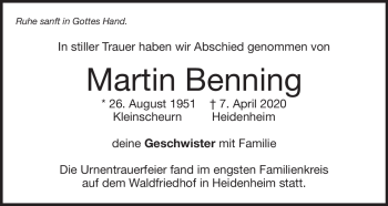 Traueranzeige von Martin Benning von Heidenheimer Zeitung