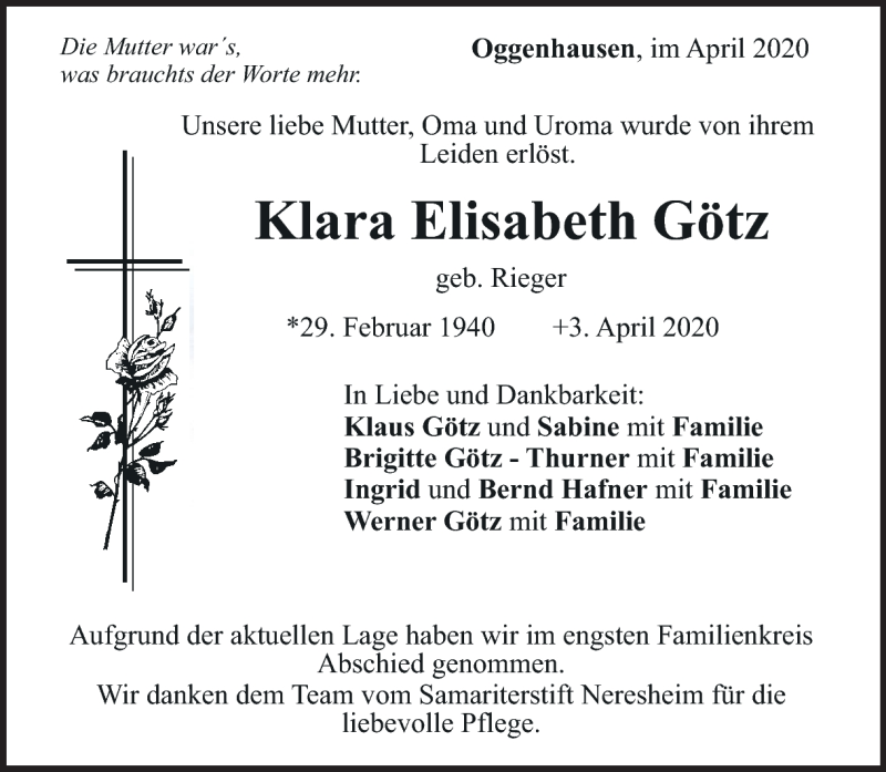  Traueranzeige für Klara Götz vom 09.04.2020 aus Heidenheimer Zeitung