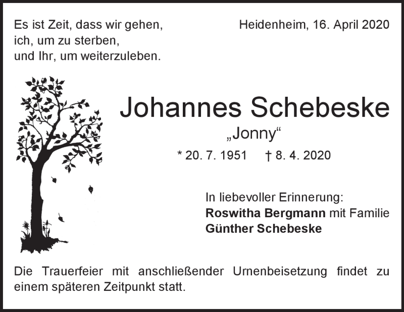  Traueranzeige für Johannes Schebeske vom 16.04.2020 aus Heidenheimer Zeitung