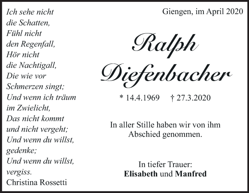  Traueranzeige für Ralph Diefenbacher vom 14.04.2020 aus Heidenheimer Zeitung