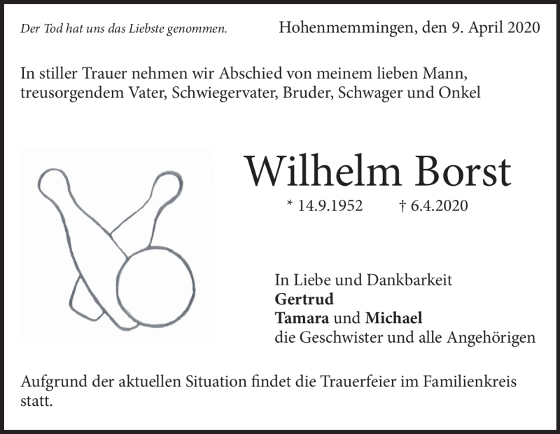  Traueranzeige für Wilhelm Borst vom 09.04.2020 aus Heidenheimer Zeitung