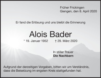 Traueranzeige von Alois Bader von Heidenheimer Zeitung