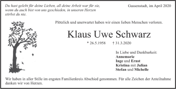 Traueranzeige von Klaus Uwe Schwarz von Heidenheimer Zeitung