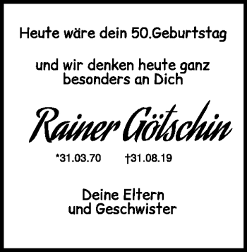 Traueranzeige von Rainer Götschin von Heidenheimer Zeitung