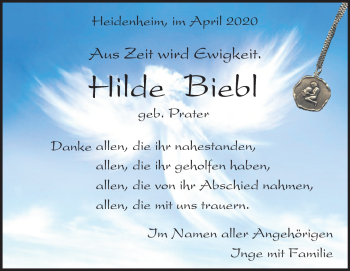 Traueranzeige von Hilde Biebl von Heidenheimer Zeitung