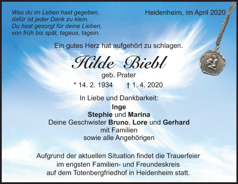  Traueranzeige für Hilde Biebl vom 04.04.2020 aus Heidenheimer Zeitung