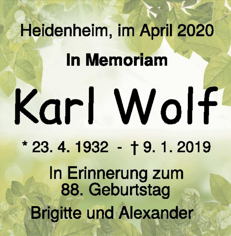  Traueranzeige für Karl Wolf vom 23.04.2020 aus Heidenheimer Zeitung