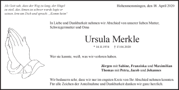 Traueranzeige von Ursula Merkle von Heidenheimer Zeitung