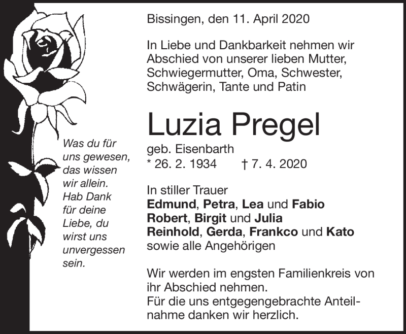  Traueranzeige für Luzia Pregel vom 11.04.2020 aus Heidenheimer Zeitung