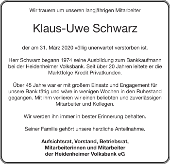Traueranzeige von Klaus Uwe Schwarz von Heidenheimer Zeitung