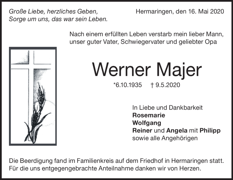  Traueranzeige für Werner Majer vom 16.05.2020 aus Heidenheimer Zeitung