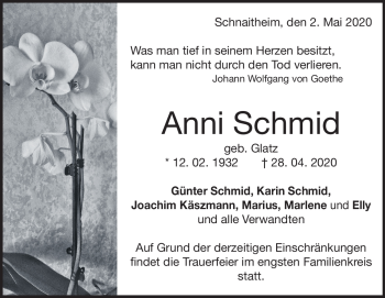 Traueranzeige von Anni Schmid von Heidenheimer Zeitung