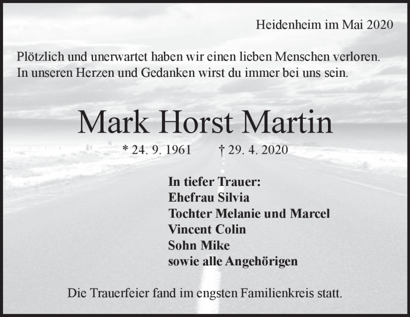  Traueranzeige für Mark Martin vom 09.05.2020 aus Heidenheimer Zeitung
