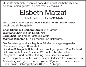 Traueranzeige von Elsbeth Matzat von Heidenheimer Zeitung