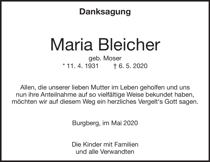  Traueranzeige für Maria Bleicher vom 26.05.2020 aus Heidenheimer Zeitung