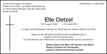 Traueranzeige von Elle Oetzel von Heidenheimer Zeitung