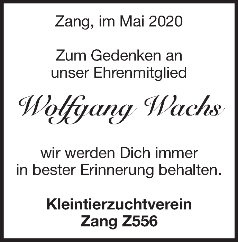  Traueranzeige für Wolfgang Wachs vom 22.05.2020 aus Heidenheimer Zeitung