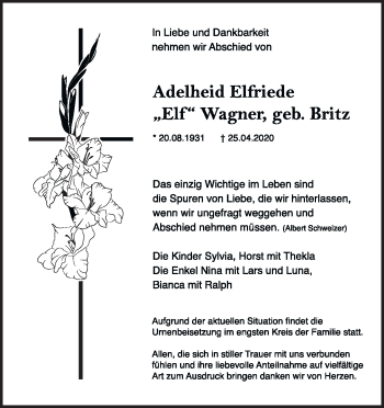 Traueranzeige von Adelheid Wagner von Heidenheimer Zeitung