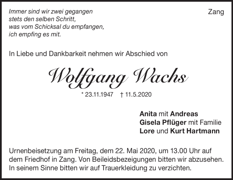  Traueranzeige für Wolfgang Wachs vom 18.05.2020 aus Heidenheimer Zeitung