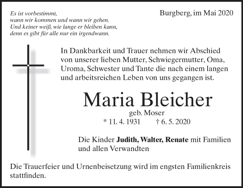  Traueranzeige für Maria Bleicher vom 09.05.2020 aus Heidenheimer Zeitung