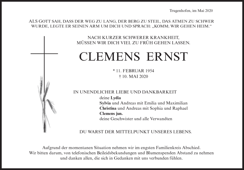  Traueranzeige für Clemens  Ernst vom 12.05.2020 aus Heidenheimer Zeitung