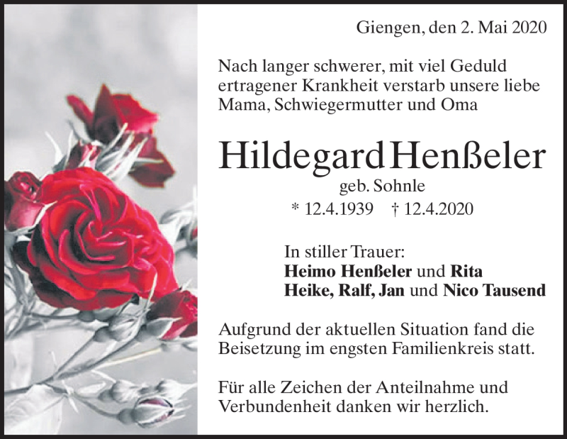  Traueranzeige für Hildegard Henßeler vom 02.05.2020 aus Heidenheimer Zeitung