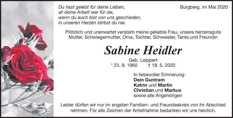  Traueranzeige für Sabine Heidler vom 23.05.2020 aus Heidenheimer Zeitung