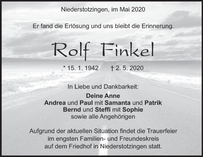  Traueranzeige für Rolf Finkel vom 09.05.2020 aus Heidenheimer Zeitung