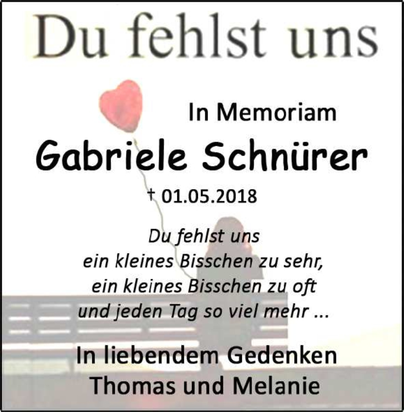  Traueranzeige für Gabriele Schnürer vom 02.05.2020 aus Heidenheimer Zeitung