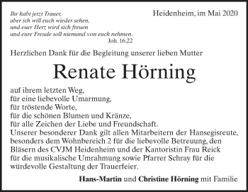 Traueranzeige von Renate Hörning von Heidenheimer Zeitung