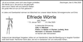 Traueranzeige von Elfriede Wörrle von Heidenheimer Zeitung