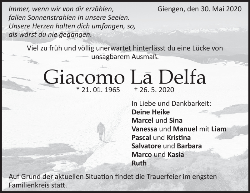  Traueranzeige für Giacomo La Delfa vom 30.05.2020 aus Heidenheimer Zeitung