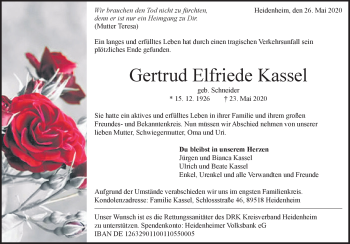 Traueranzeige von Gertrud Kassel von Heidenheimer Zeitung