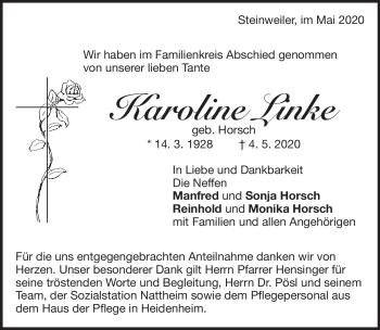 Traueranzeige von Karoline Linke von Heidenheimer Zeitung