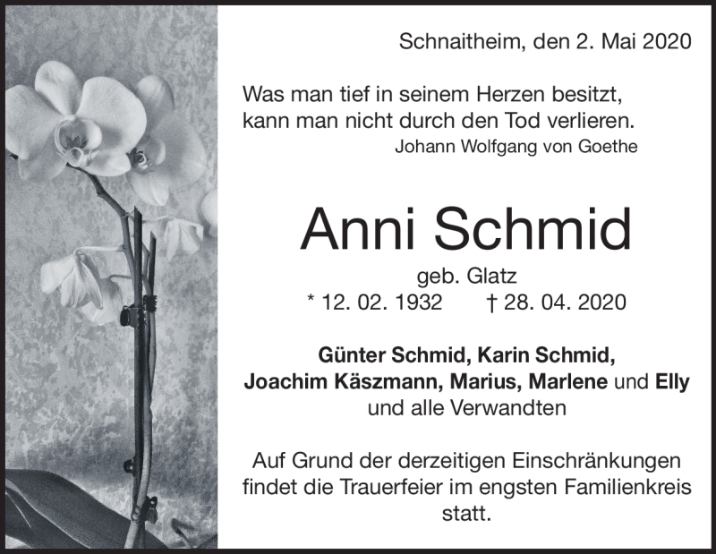  Traueranzeige für Anni Schmid vom 02.05.2020 aus Heidenheimer Zeitung