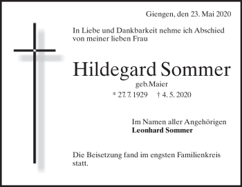 Traueranzeige von Hildegard Sommer von Heidenheimer Zeitung