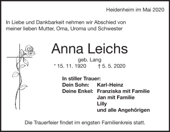 Traueranzeige von Anna Leichs von Heidenheimer Zeitung