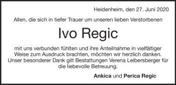 Traueranzeige von Ivo Regic von Heidenheimer Zeitung