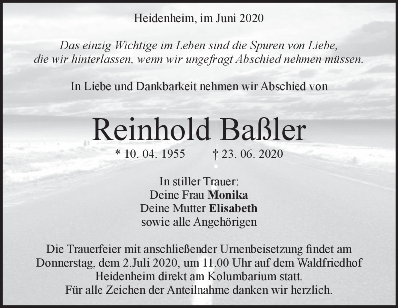  Traueranzeige für Reinhold Baßler vom 27.06.2020 aus Heidenheimer Zeitung