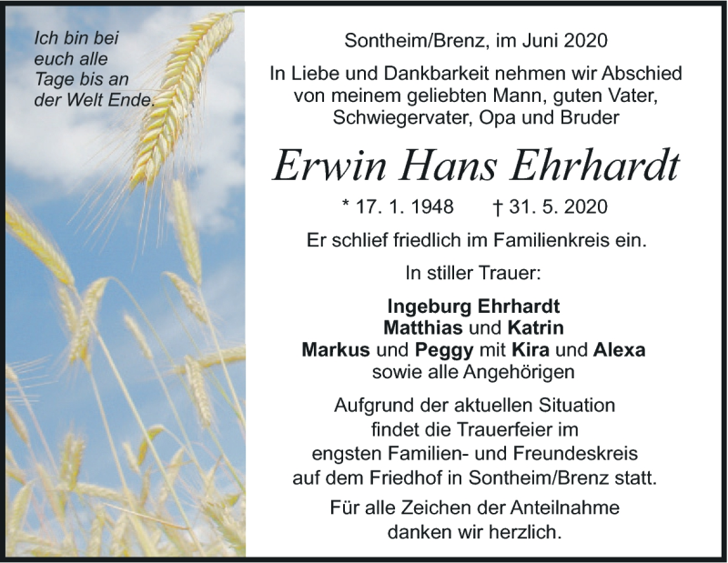  Traueranzeige für Erwin Hans Ehrhardt vom 06.06.2020 aus Heidenheimer Zeitung