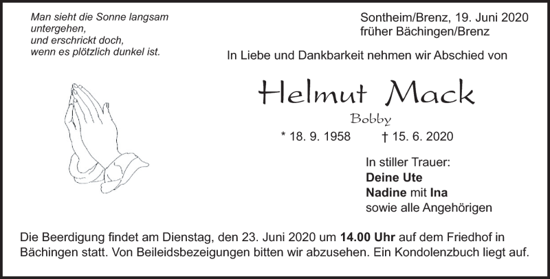  Traueranzeige für Helmut Mack vom 19.06.2020 aus Heidenheimer Zeitung