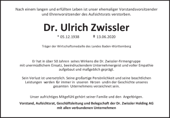 Traueranzeige von Dr. Ulrich  Zwissler von Heidenheimer Zeitung