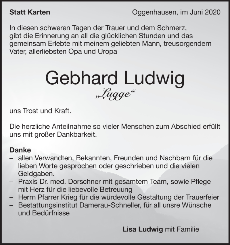  Traueranzeige für Gebhard Ludwig  vom 20.06.2020 aus Heidenheimer Zeitung