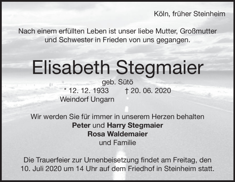  Traueranzeige für Elisabeth Stegmaier vom 27.06.2020 aus Heidenheimer Zeitung